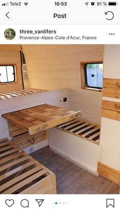 an instagramted photo of a tiny house with wood flooring and built in bunk beds