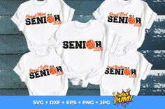 three shirts with the word senior and basketball on them