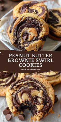 peanut butter brownie swirl cookies on a plate with chocolate chips in the background and text overlay