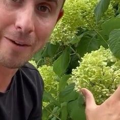 a man in black shirt standing next to green plants and holding something up with both hands