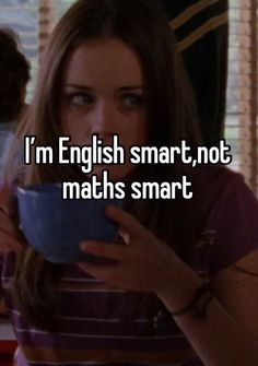 a girl holding a bowl with the words i'm english smart, not maths smart