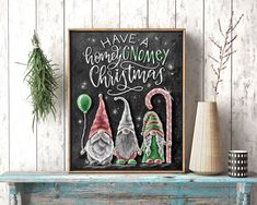 an old fashioned christmas sign with gnomes and candy canes on the mantle next to a potted plant