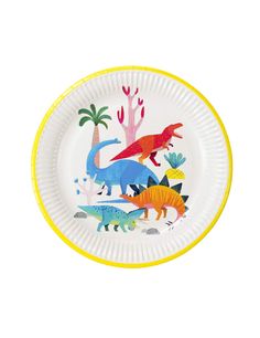 a paper plate with dinosaurs painted on it