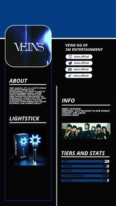 the website for vein's entertainment is displayed in blue and black colors, with text on