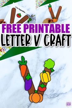 the letter v craft is made with construction paper and cut out vegetables to make it