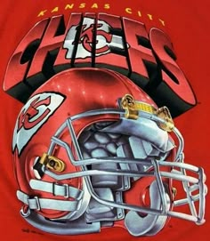 a football helmet with the kansas chiefs on it's face is shown against a red background