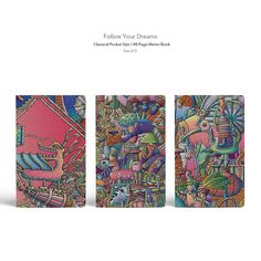 three colorful art pieces with different designs on the front and back cover, one is pink