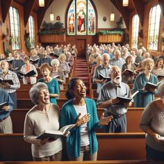 a group of older people singing in a church