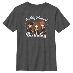 Have a fantastical birthday this year and unlock magical secrets hiding in the closet under the stairs with these officially licensed Harry Potter styles! Head to Hogwarts with your favorite witches and wizards and learn to defeat He Who Shall Not Be Named! This Boys' Harry Potter and the Deathly Hallows It’s My Magical Birthday Cute Characters Graphic T-Shirt features chibi versions of Harry Potter, Hermione Granger, and Ron Weasley with stars all around them. And, just remember, the spell is W Harry Potter Birthday Shirt, Hermione Granger And Ron Weasley, Harry Potter 5, Harry Potter Hermione Granger, Magical Birthday, The Deathly Hallows, Birthday Cute, Harry Potter Style, Under The Stairs