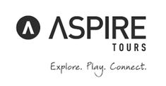 the aspire tours logo is shown on a white background with black and grey lettering