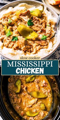 slow cooker mississippi chicken with peppers and mashed potatoes