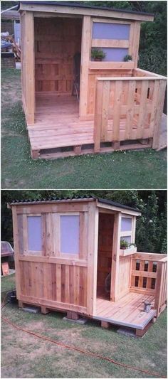 two pictures of the inside and outside of a small wooden shed with windows on each side