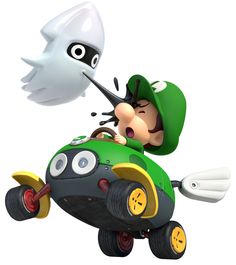 mario kart is flying in the air with a bird on his head and an airplane behind him