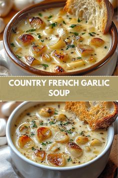 two pictures showing different types of soup with bread in the middle and on the side