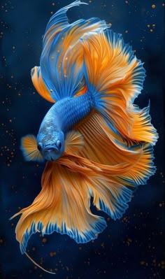 an orange and blue siamese fish swimming in the water with gold flecks