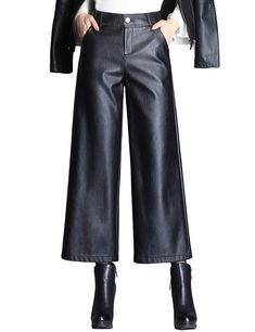 PRICES MAY VARY. Two side pockets Zip fly with button closure, wide leg High waist, ankle length, high-quality fabric, fashion Black PU faux leather palazzo pants US SIZE, good match with PU faux leather jacket, sweater, shirts, high heels, etc Machine wash Leather Culottes, Effortless Outfit, Leather Pants Women, Leather Pant, Jacket Sweater, Wide Leg Cropped Pants, Mother Denim, Faux Leather Skirt, Faux Leather Pants