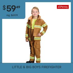 Dreams come true on Halloween, and this firefighter costume for kids is a wonderful way for your child to step into character and trick-or-treat as the hero he or she wants to be. The reflective stripes on the costume make it easy to spot your little one as he or she races through the neighborhood in search of goodies. Machine wash cold with garment inside out; tumble dry low. 95% cotton, 5% polyester. Includes:Tan jacket with fabric collar, zipper and touch fastener closure, and neon reflectiv… Fire Fighter Family Costume, Firefighter Wagon Costume, Fire Fighter Costume Kids, Fireman Costume Kids, Toddler Fireman Costume, Costume Beige, Firefighter Costume, Tan Jacket, Fabric Collars