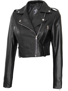 Experience edgy sophistication with the Colleen Women's Black Cropped Leather Biker Jacket. Embrace the unique charm of this cropped biker jacket for a statement piece that exudes confident fashion and bold style. Cropped Leather Biker Jacket, Black Cropped Leather Jacket, Motorcycle Outfits For Women, Black Leather Jacket Women, Crop Leather Jacket, Leather Jacket Cropped, Confident Fashion, Asymmetrical Leather Jacket