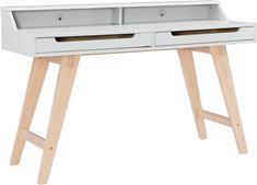 a white desk with two drawers on top and wooden legs in the bottom half, against a white background