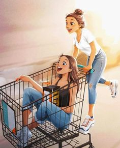 two women are sitting in a shopping cart