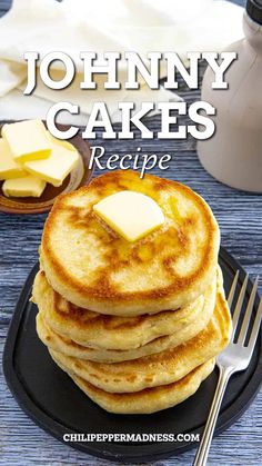 Five Jonny Cakes on a dark tray with a metal fork on the right side. Johnnycake Recipe, Ihop Corn Cakes Recipe, Corncakes Recipe Sweet Corn Cakes, Corn Meal Cakes Recipe, Sweet Corn Pancakes, Mush Recipe Cornmeal, Jiffy Johnny Cakes Recipe, Johnny Cake Recipe