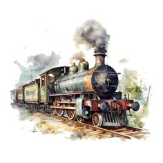 a watercolor painting of a steam engine train