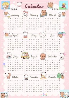 a calendar with cute animals on it and the date for each month is shown in pink