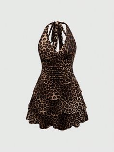 Marrón Sexy Collar sin mangas Tela tejida Animal A línea Embellished Elástico Alto Cheetah Print Hoco Dress, Leopard Print Mini Dress, Cheetah Print Dress Outfit, Vestidos Grunge, Halter Dress Outfit, Leopard Print Clothes, Animal Print Clothes, Leopard Print Dresses, Sinful Clothing