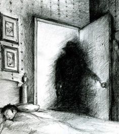 a black and white drawing of a person sleeping in a room with pictures on the wall