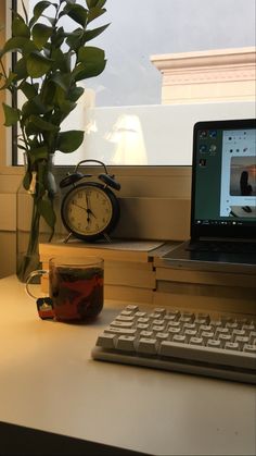 a laptop computer sitting on top of a desk next to a keyboard and a plant