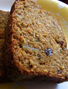 two slices of banana bread on a yellow and white plate