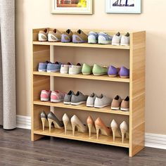 there are many pairs of shoes on the shelf