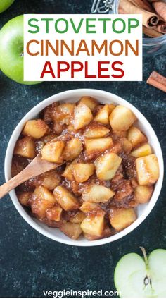 a bowl filled with cinnamon apples next to an apple and cinnamon stick on the side