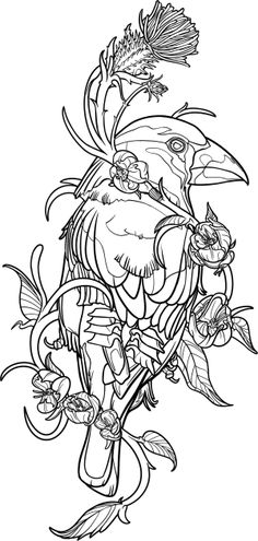 a black and white drawing of a bird with flowers on it's head, holding a