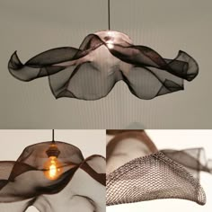 two pictures of the same light fixture with mesh coverings hanging from it's sides