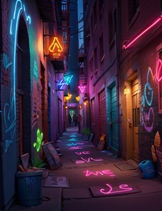 an alley way with neon signs on the buildings