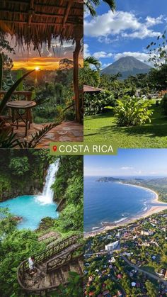 costa rica collage with pictures of the coastline, mountains and trees in different locations