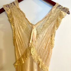 Gorgeous Rare ~1930s Antique Hollywood Silk And Lace Nightgown. Hollywood Regency. Trousseau. Antique Lingerie. Cream/Peach Color. French Lace. Bias Cut. Tie Back. Maxi Length. Wedding Gown. Very Good Condition. Very Rare 1930s Slip Dress, Vintage V-neck Evening Slip Dress, Vintage V-neck Wedding Sleepwear, Vintage V-neck Sleep Dress, Vintage Lace V-neck Nightgown, Vintage Slip Dress For Wedding Night, Sheer Vintage Slip Dress, Fitted Vintage V-neck Nightgown, Vintage Slip Dress For Wedding