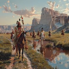 a painting of native americans riding horses across a river with mountains in the back ground