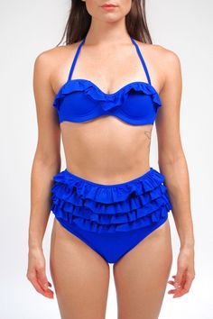 60s inspired bikini bottom with 4 rows of ruffles. High waisted fit and medium to full back coverage. Self lined/ double layered. S= 2-4, M= 6-8, L= 10-12, XL= 14-16, XXL= 18-20, XXXL= 22-24 Brazil Model, Stocking Fillers For Her, Sustainable Swimwear, How To Dye Fabric, Mens Jewelry Bracelet, Independent Designers Fashion, Jacket Sale, Upf 50, Sun Protection