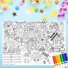 happy birthday coloring page with confetti and streamers on blue background next to it