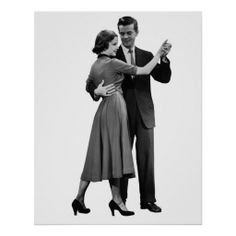 a man and woman are dancing together in black and white poster, with one holding the other's hand