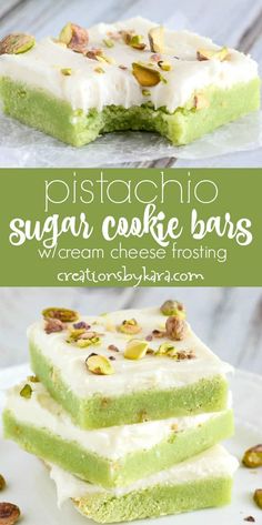 pistachio sugar cookie bars with cream cheese frosting and pistachio nuts