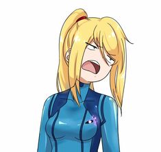 an anime character with blonde hair and blue clothes, holding her mouth open to the side