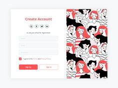 a screen shot of the create account login page with people in red and black