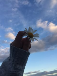 a person holding a flower up to the sky with clouds in the backgroud