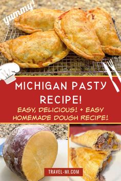 the recipe for michigan pasty is shown on a plate with an eggplant