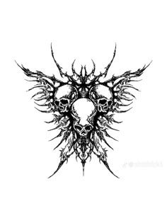 a black and white drawing of a skull with wings on it's back side