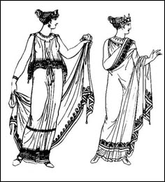 two women dressed in ancient greek clothing, one wearing a dress and the other holding a shawl