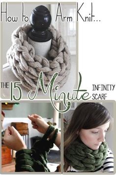 an instagram page with pictures of different items and text that reads, how to arm knit the 15 minute scarf